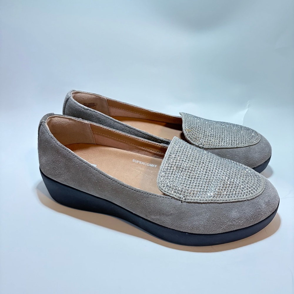 FITFLOP Womens 6.5 Crystal Platform Sneakerloafer TAN Leather Slip-On Shoes NEW - Picture 2 of 8